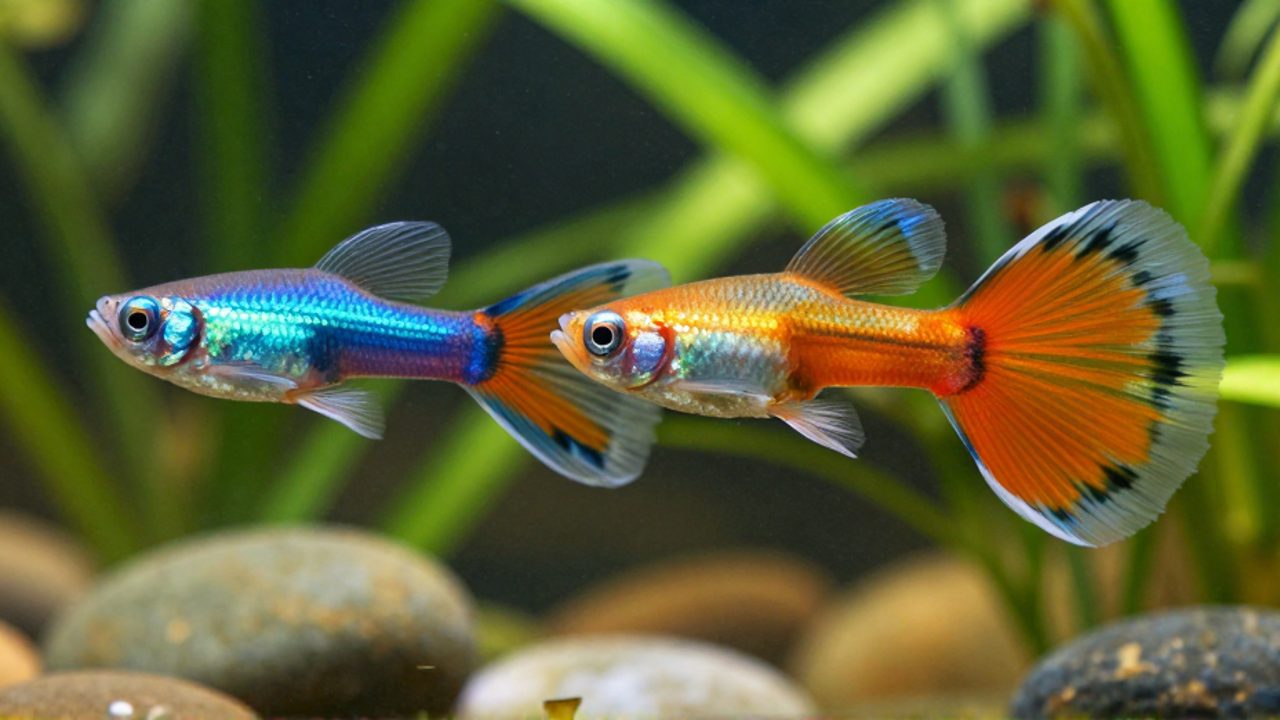 Dos machos de guppy de distintas variedades nadan uno junto al otro en un acuario con plantas y piedras.