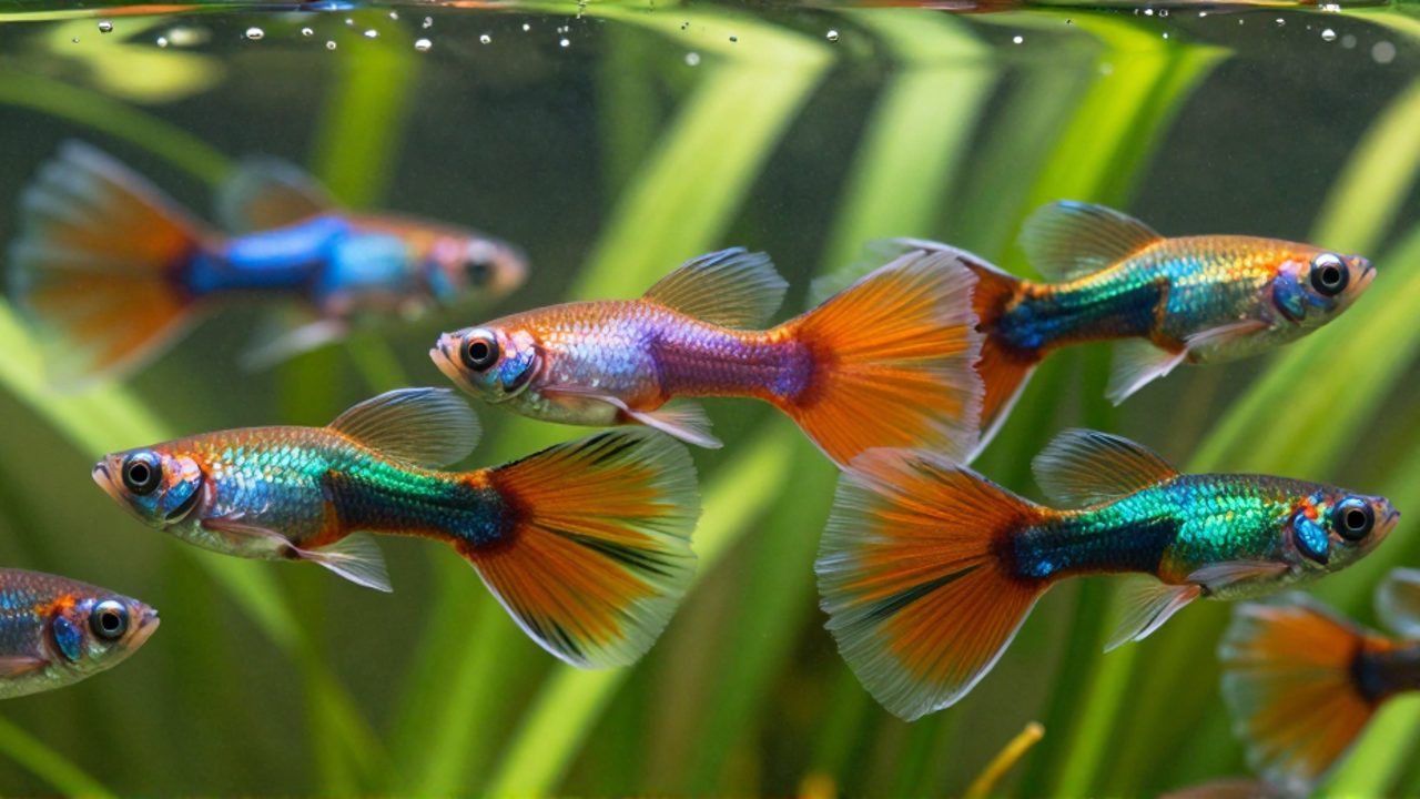 Varios guppys machos con escamas iridiscentes en tonos azules, naranjas y verdes nadan entre plantas acuáticas.
