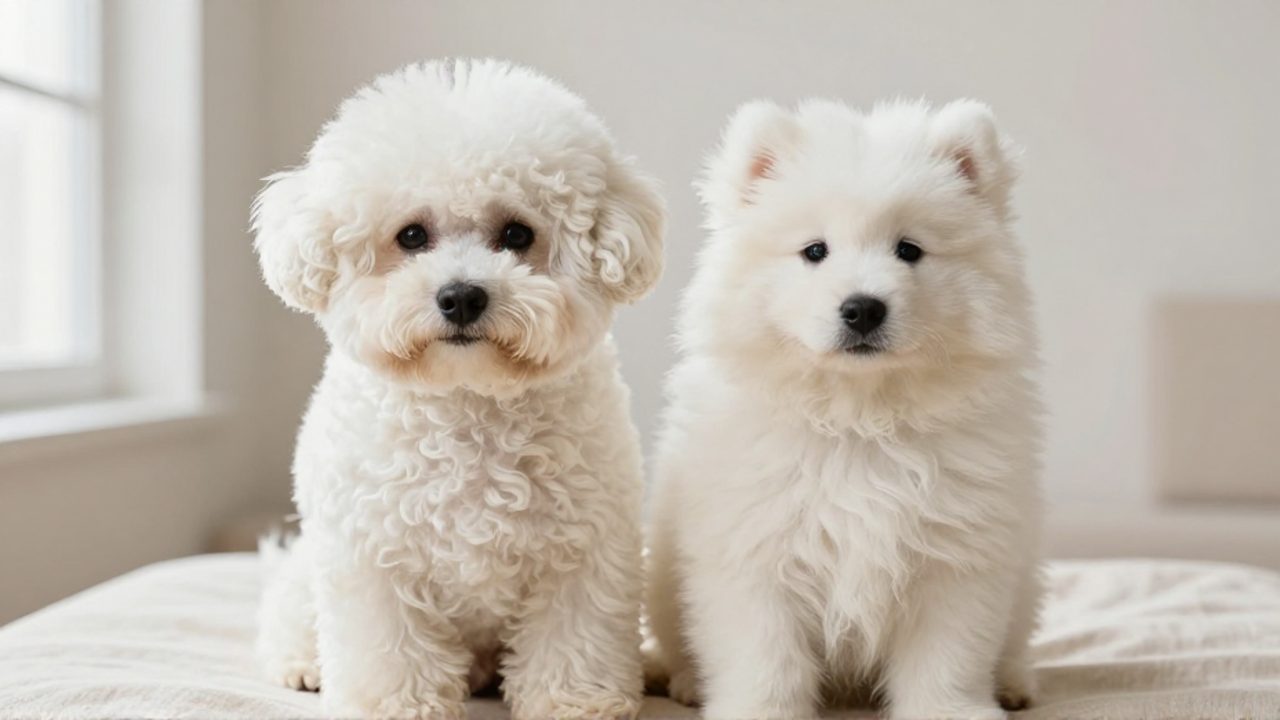 Un cachorro de Bichón Frisé y un cachorro de Samoyedo con pelaje blanco y esponjoso sentados juntos sobre una superficie de lino color crema.