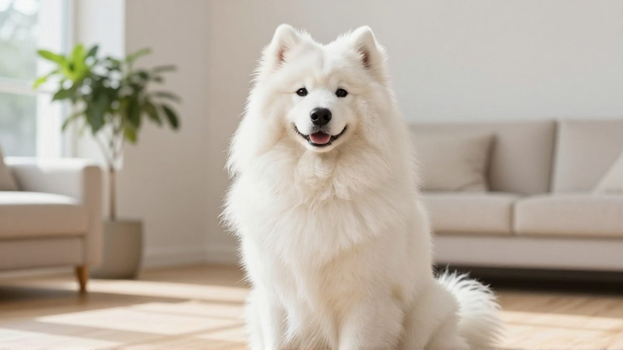 Perro Samoyedo de pelaje blanco y muy abundante sentado en una sala de estar luminosa y moderna.