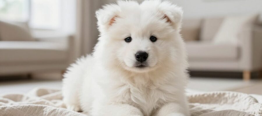 Cachorro de Samoyedo con pelaje blanco y denso sentado sobre una manta en un salón luminoso.