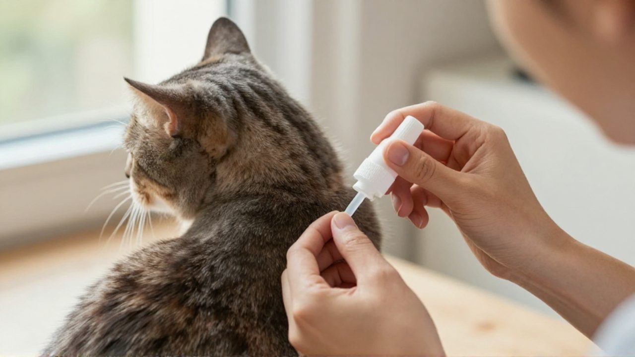 Manos aplicando una pipeta de tratamiento veterinario en la piel de un gato atigrado, justo en la base del cuello entre los omóplatos.