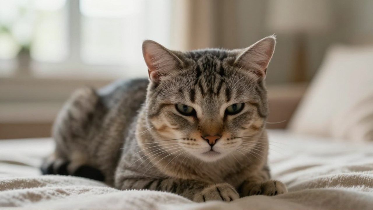 Gato doméstico con expresión de decaimiento y orejas ligeramente hacia atrás, tumbado sobre una manta en una estancia luminosa.