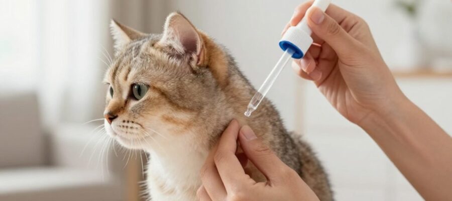 Unas manos aplican con cuidado una gota de medicina mediante una pipeta en la base del cuello de un gato doméstico relajado.