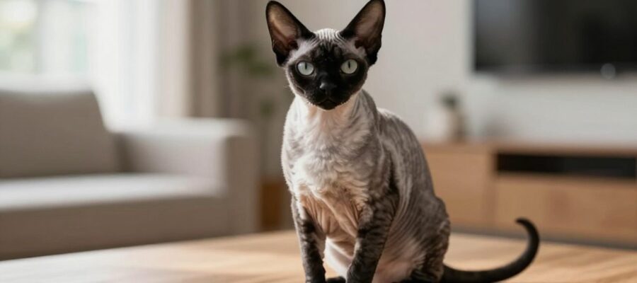 Gato Lykoi de pelaje moteado y parches sin pelo sentado sobre una superficie de madera en un salón iluminado por el sol.