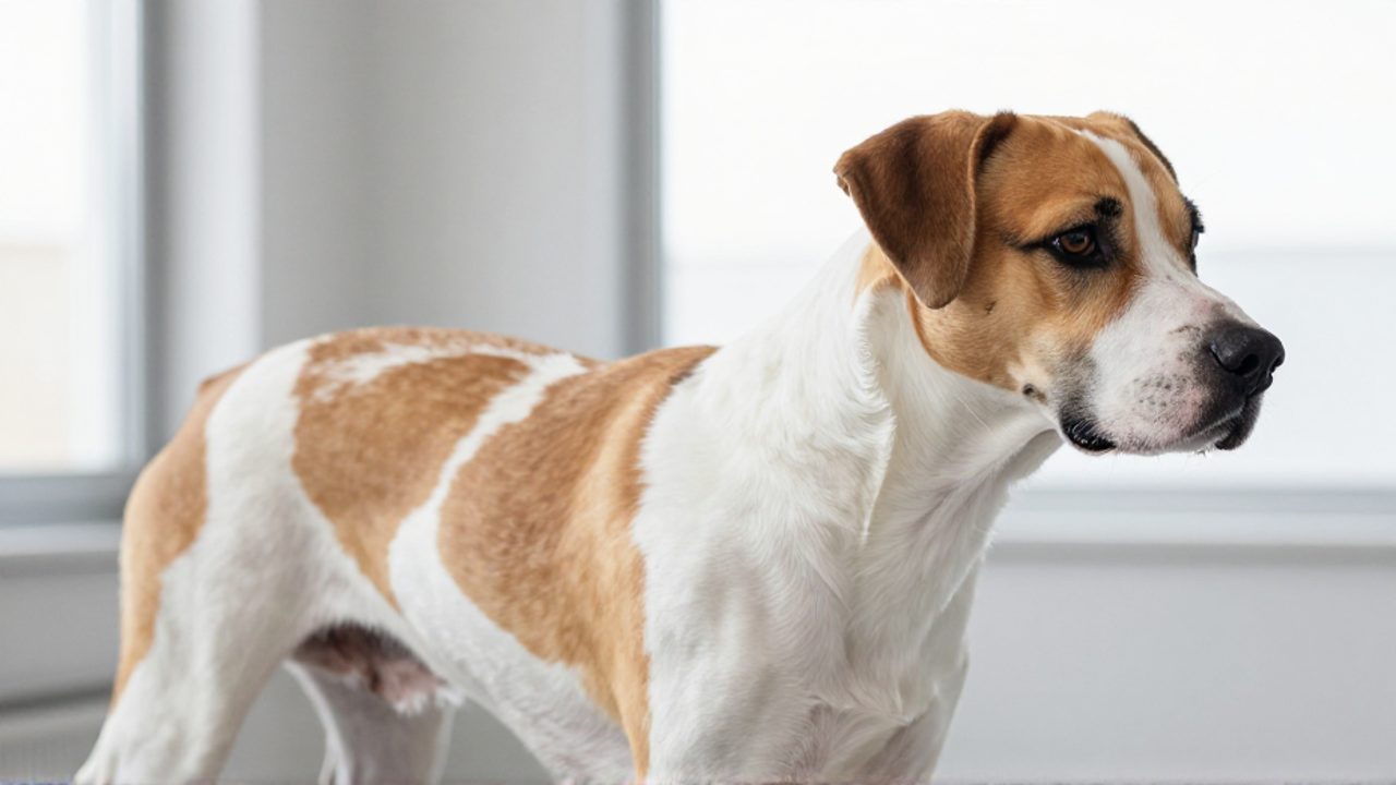Perro de tamaño mediano con pelaje blanco y manchas color sable, mostrado de perfil para resaltar su estructura muscular y forma de cabeza.