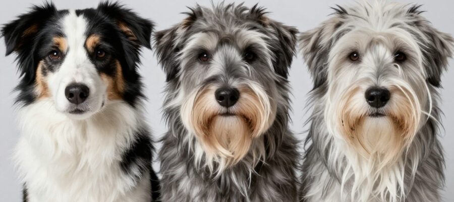 Tres perros muestran de cerca diferentes patrones de pelaje, incluyendo manchas sólidas, motas finas y un patrón de colorado mezclado.