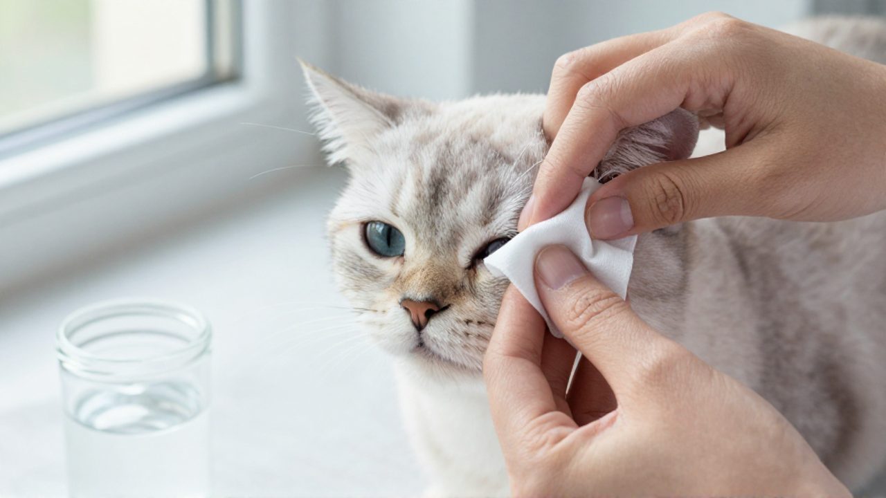 Una persona limpia suavemente el ojo de un gato doméstico con una gasa estéril y solución salina.