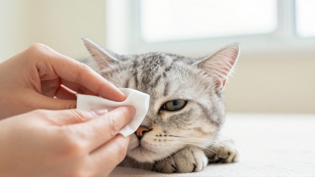 Una persona limpia suavemente el ojo de un gato con una gasa húmeda en un entorno tranquilo.