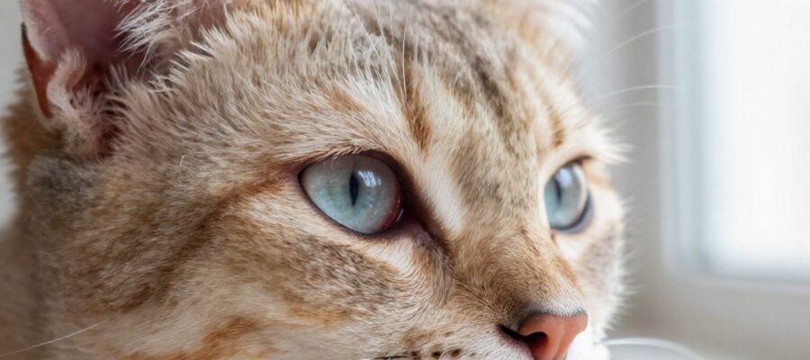 Primer plano del ojo de un gato doméstico que presenta una leve inflamación y lagrimeo.