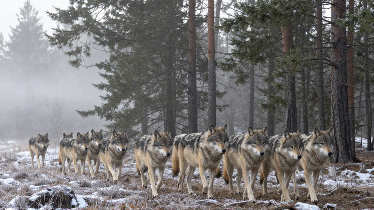 Una manada de lobos se desplaza de forma coordinada a través de un bosque de pinos cubierto de niebla y escarcha.