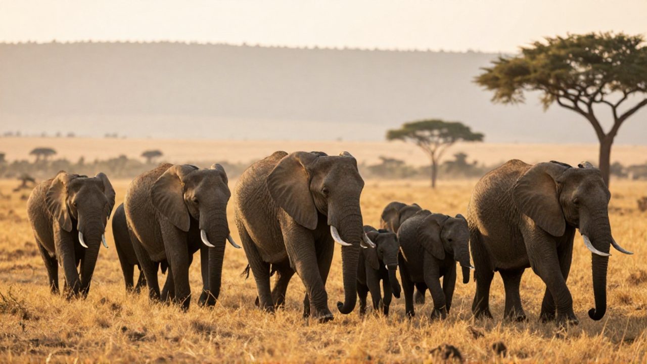 Manada de elefantes africanos caminando en fila por la sabana durante el amanecer.