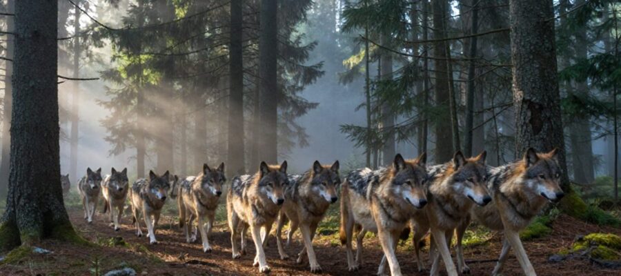 Una manada de lobos camina de forma coordinada a través de un bosque neblinoso al amanecer.