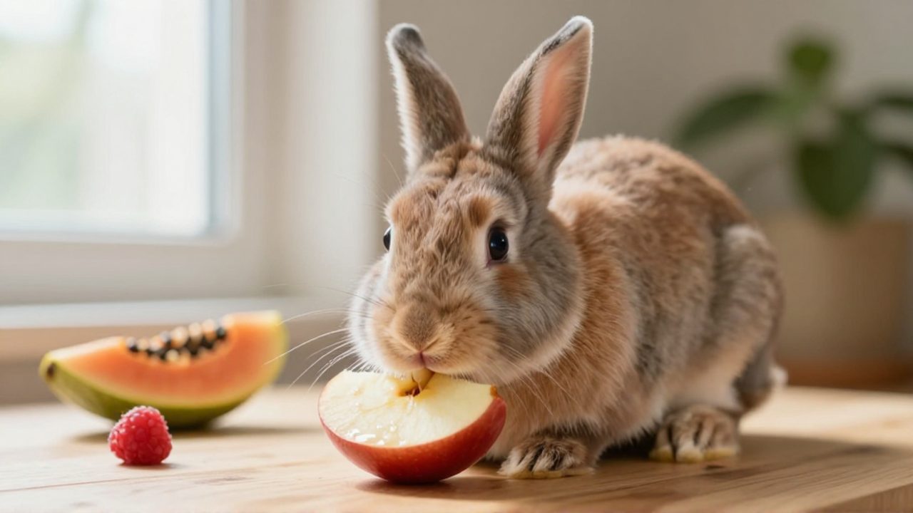 Conejo de raza Holland Lop comiendo una pequeña rodaja de manzana fresca sobre una superficie de madera.