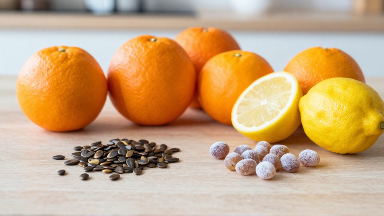 Semillas de manzana, cítricos y uvas dispuestas sobre una mesa de madera como ejemplo de alimentos prohibidos para conejos.