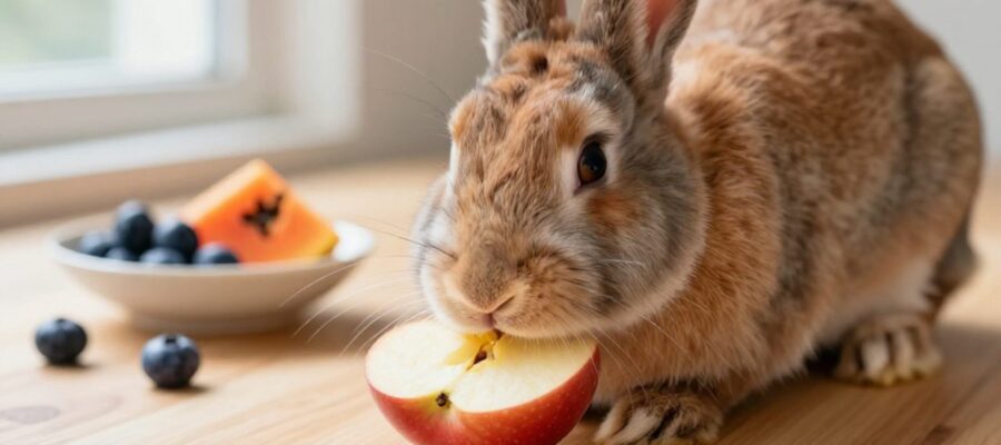 Conejo doméstico comiendo una pequeña rebanada de manzana sobre una superficie de madera junto a porciones controladas de arándanos y papaya.