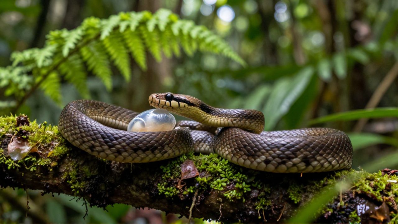 Una cría de boa constrictor emerge de un huevo trasclúcido sobre una rama con musgo en una selva tropical.