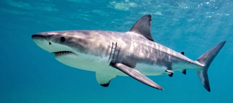 Un gran tiburón blanco nada de perfil en un océano de aguas cristalinas y tonos turquesas.