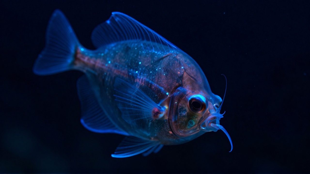 Pez rape con piel oscura y textura gelatinosa iluminado por su propio señuelo bioluminiscente en la oscuridad de las profundidades oceánicas.