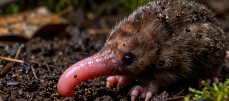 Primer plano de un topo de nariz estrellada emergiendo de la tierra húmeda, destacando sus tentáculos sensoriales rosados alrededor del hocico.