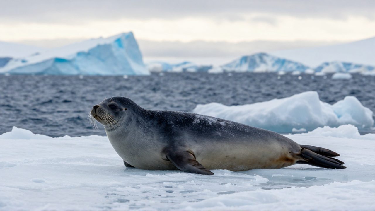 Una foca de Weddell descansa sobre un bloque de hielo flotante en medio de un paisaje antártico de icebergs y aguas oceánicas.