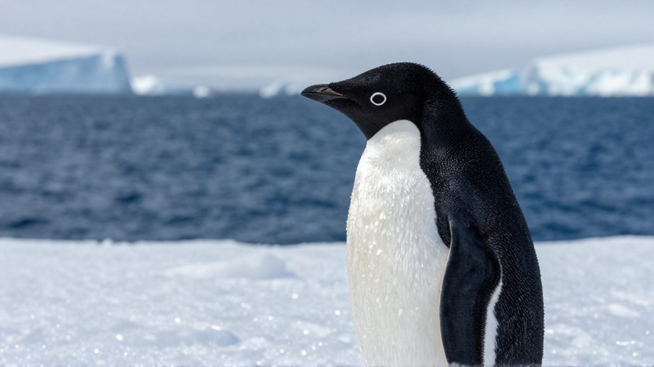 Pingüino Adelia sobre un bloque de hielo frente al océano Antártico y un glaciar al fondo.