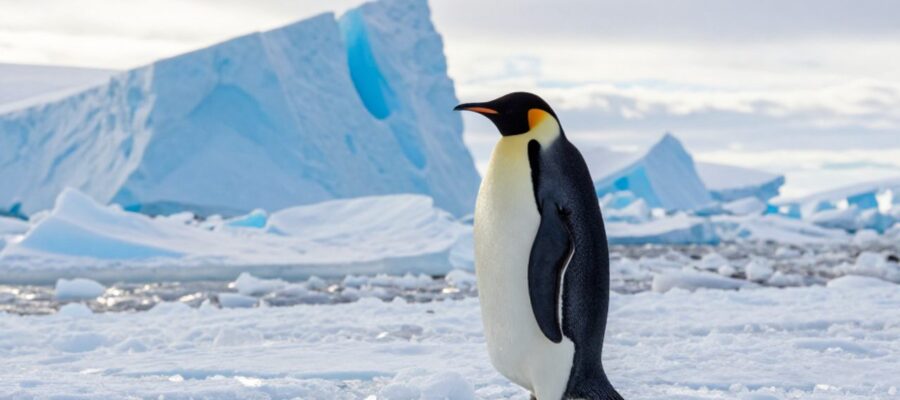 Un pingüino emperador de pie sobre un bloque de hielo frente a un paisaje de glaciares y icebergs bajo una luz polar.