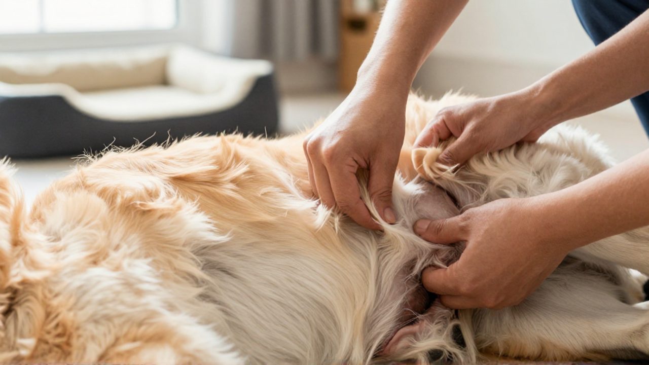 Persona revisando la piel y el pelaje de un perro Golden Retriever en su abdomen y parte interna de la pierna para buscar posibles picaduras.