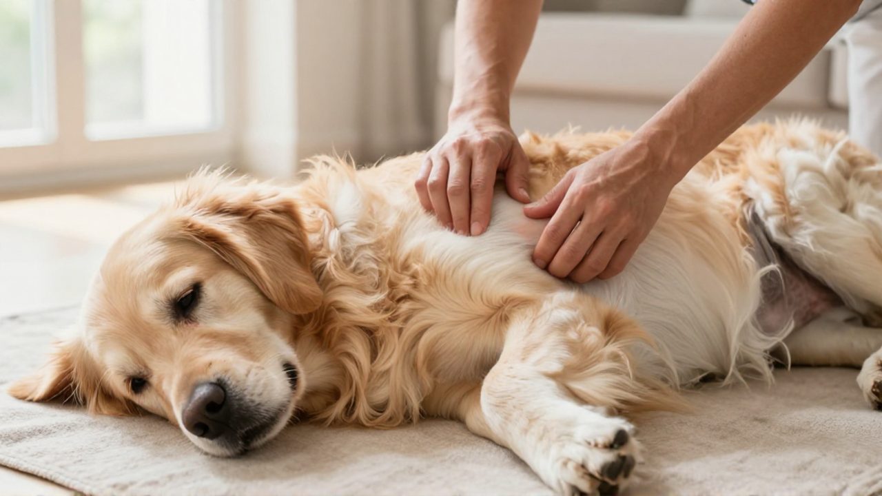 Un dueño inspecciona con cuidado la piel y el abdomen de un perro golden retriever para buscar posibles irritaciones.