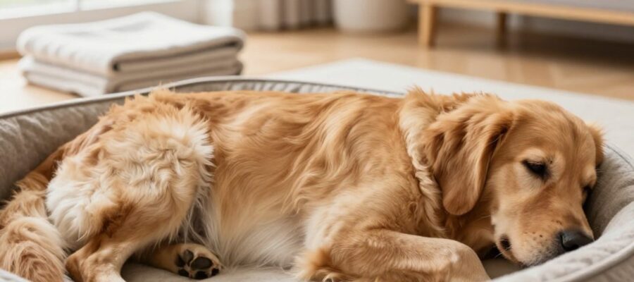 Un perro Golden Retriever descansando sobre una cama de mascota en un entorno doméstico limpio y luminoso.