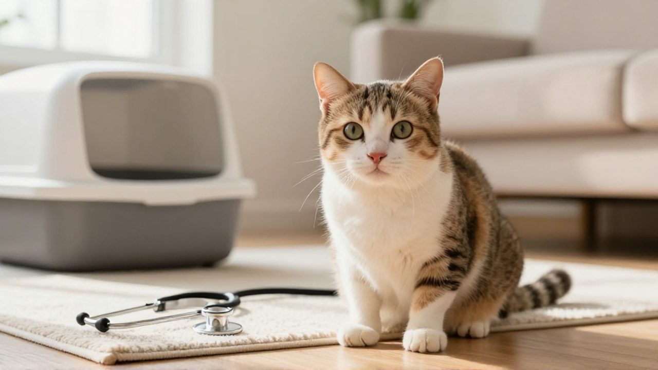Gato sentado junto a su caja de arena en una sala iluminada, con un estetoscopio en primer plano que sugiere un posible problema de salud.