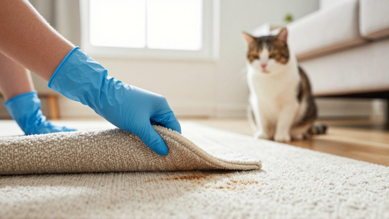 Una persona con guante azul levanta una esquina de la alfombra para inspeccionar una mancha mientras un gato observa al fondo en una sala iluminada.