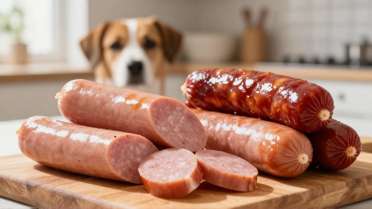 Variedad de salchichas cortadas sobre una tabla de madera frente a un perro que las observa con expectación.