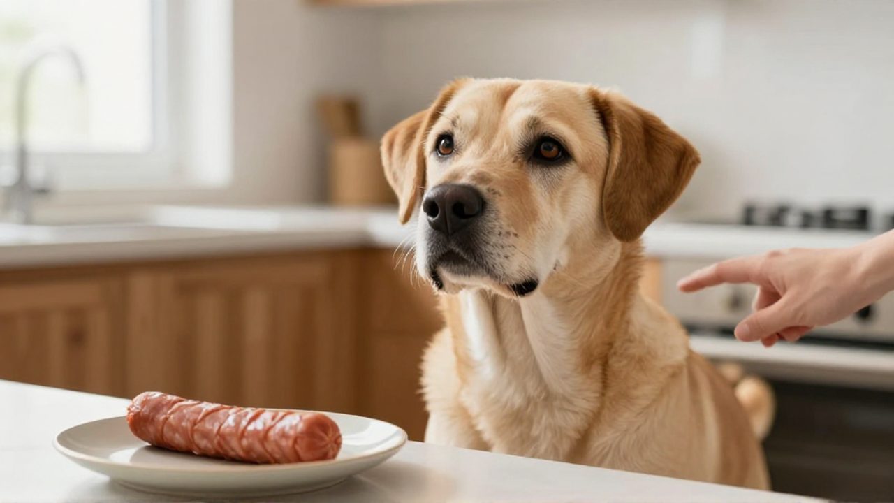 Un perro adulto mira con atención un trozo de salchicha colocado en un plato sobre el mostrador de una cocina.