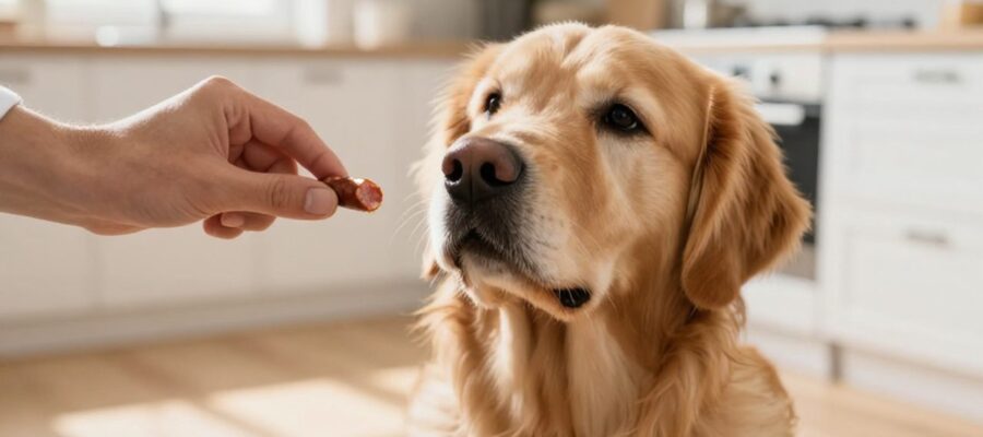 Un perro golden retriever mira con atención una pequeña rodaja de salchicha que una persona sostiene para ocultar un medicamento.