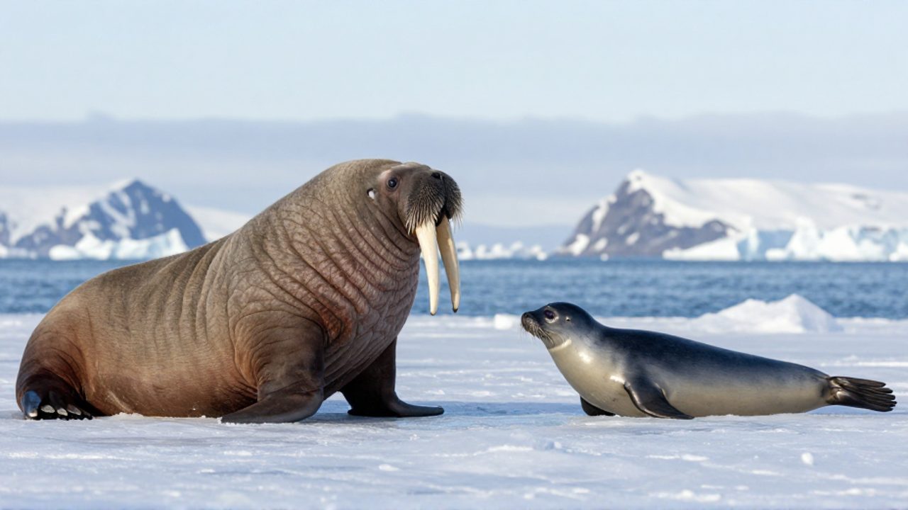 Una morsa se apoya sobre sus aletas en un bloque de hielo mientras una foca se desliza sobre su vientre en un paisaje ártico.