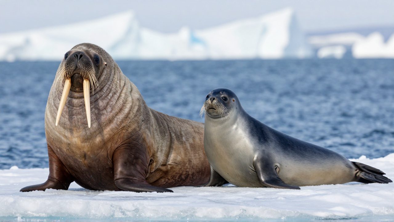 Comparación entre una morsa con colmillos largos y piel rugosa frente a una foca de piel lisa y cuerpo estilizado sobre un bloque de hielo ártico.
