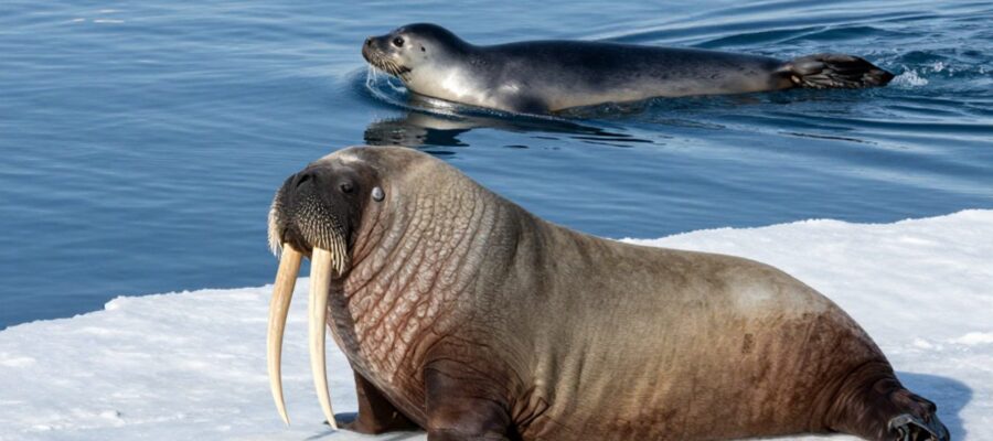 Una morsa adulta con colmillos prominentes descansa sobre un bloque de hielo mientras una foca nada en el agua al fondo.