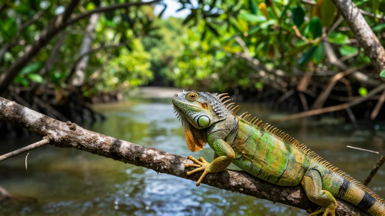 Una iguana verde trepa por una rama en un denso ecosistema de manglar con un río al fondo.