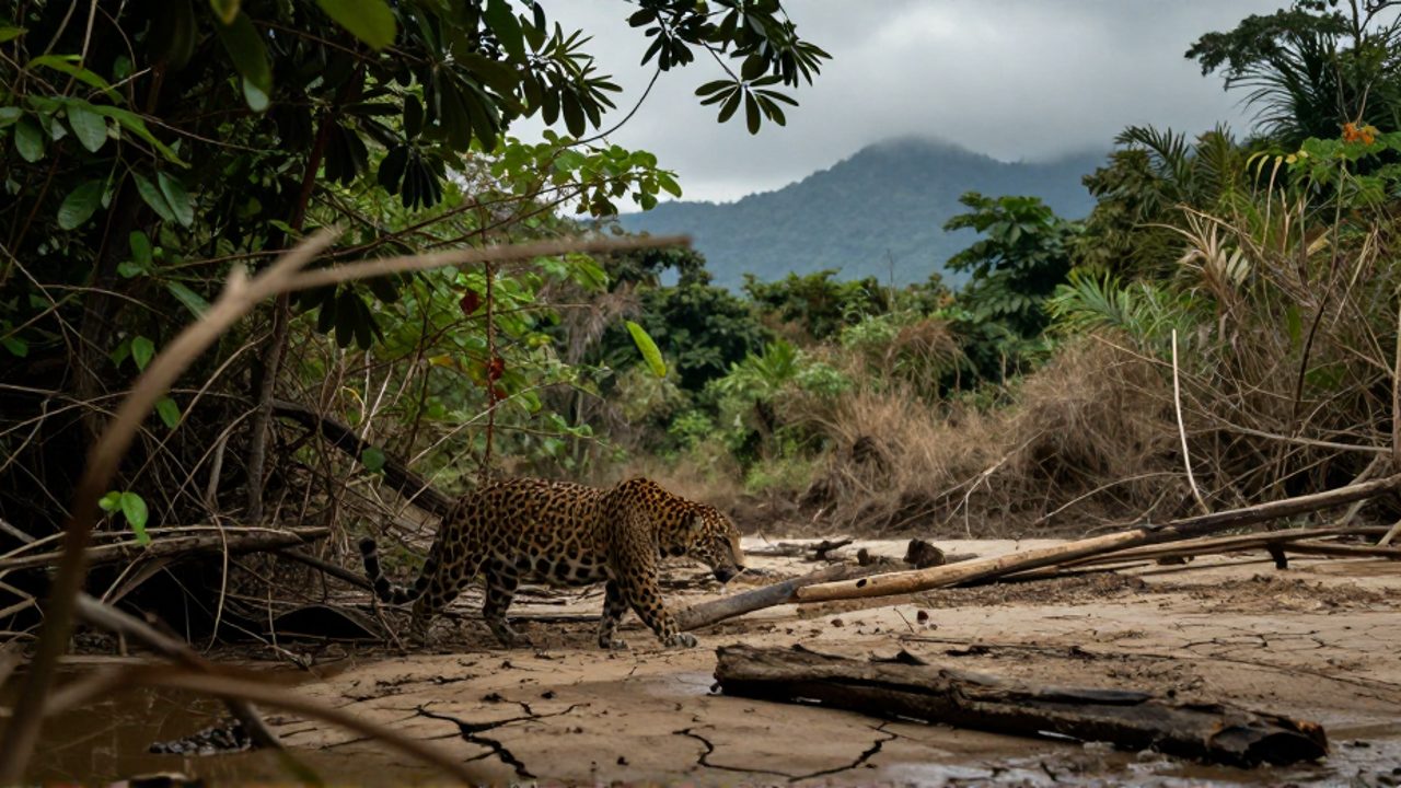 Un jaguar camina con cautela por un bosque fragmentado de Sinaloa frente a la Sierra Madre Occidental, con un lecho de río seco en primer plano.