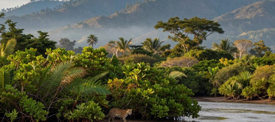 Un jaguar camina entre la vegetación tropical de un río, con manglares y las montañas de la Sierra Madre Occidental al fondo.
