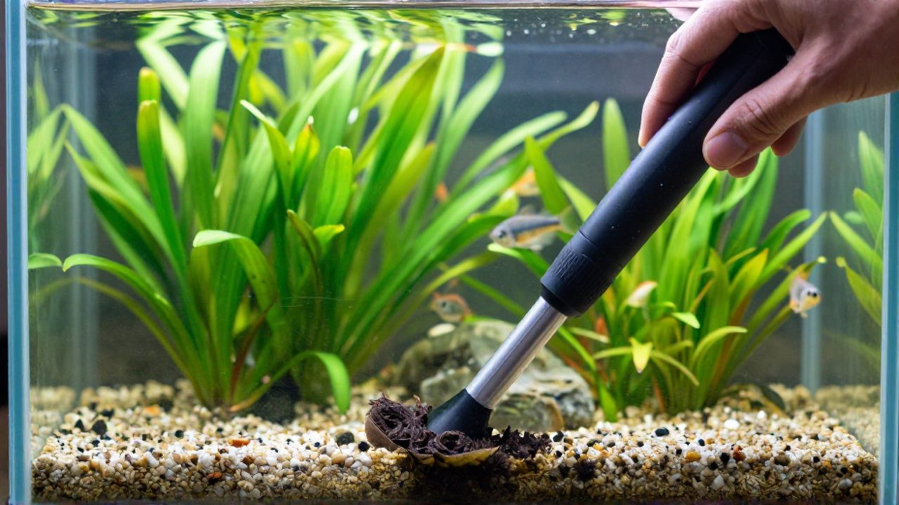Una mano utiliza un sifón para limpiar los residuos del sustrato y mantener la higiene en un acuario con plantas y peces.