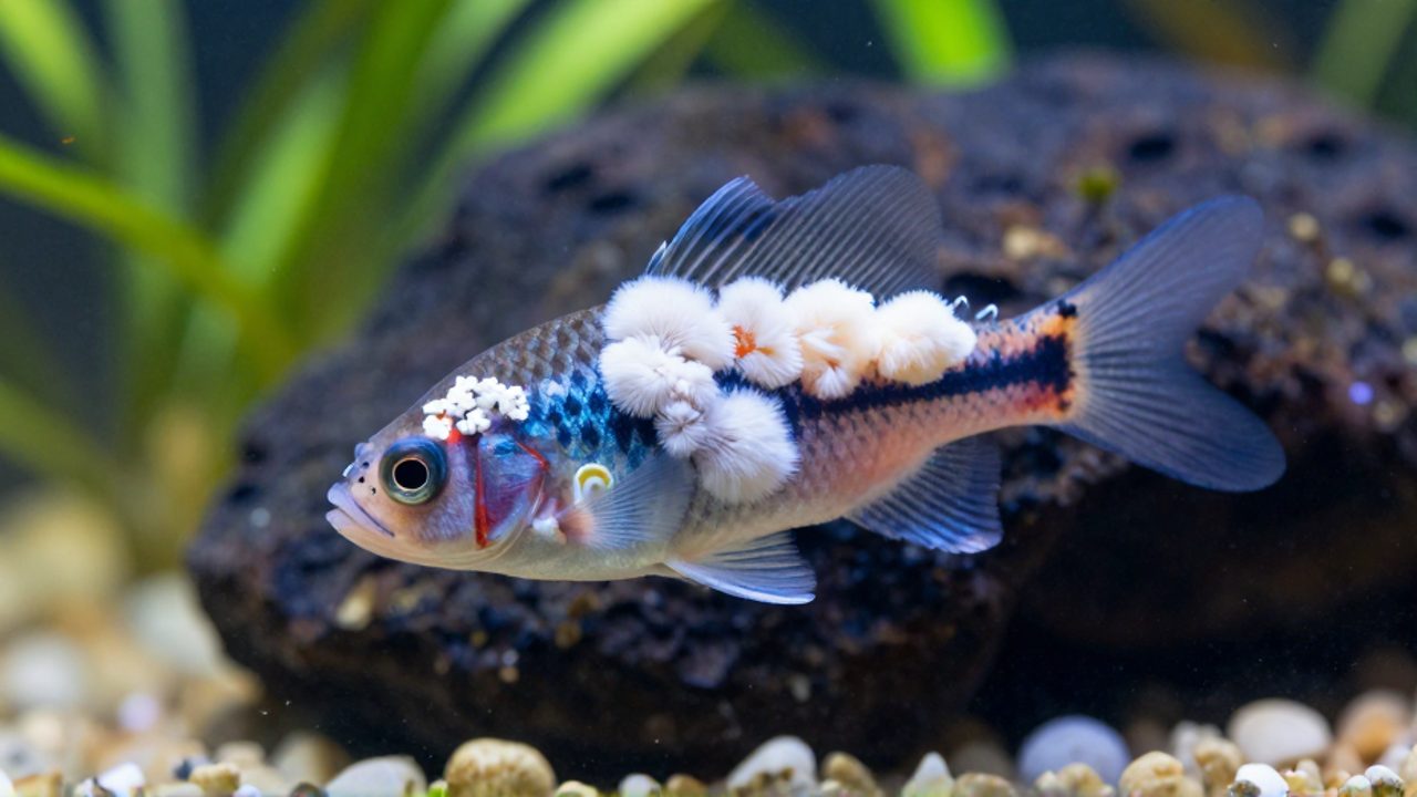 Primer plano de un pez tropical con una mancha blanca y algodonosa de hongo sobre sus escamas y aletas en un acuario.