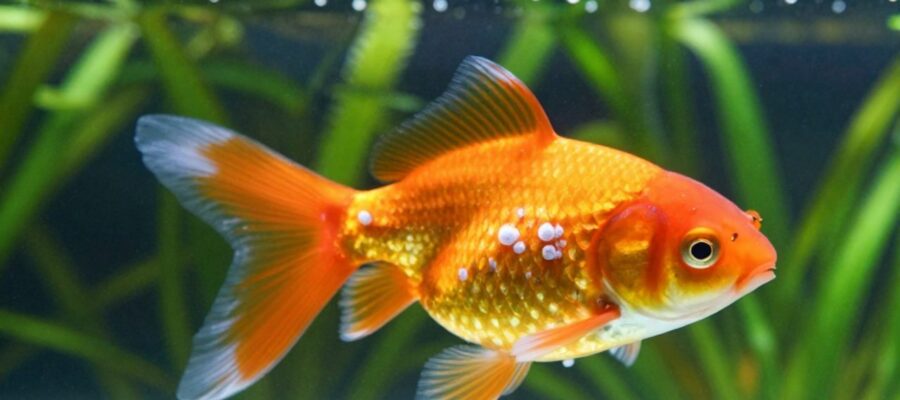 Un pez dorado con manchas blancas de aspecto algodonoso causadas por una infección por hongos en su aleta y cuerpo.