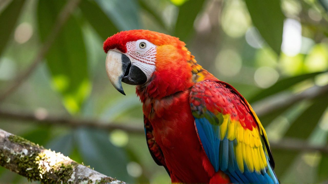 Un guacamayo rojo posado en una rama de un bosque tropical bajo la luz intensa del mediodía.