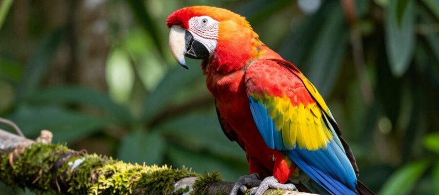 Guacamayo rojo posado en una rama de un bosque tropical bajo la luz directa del sol.