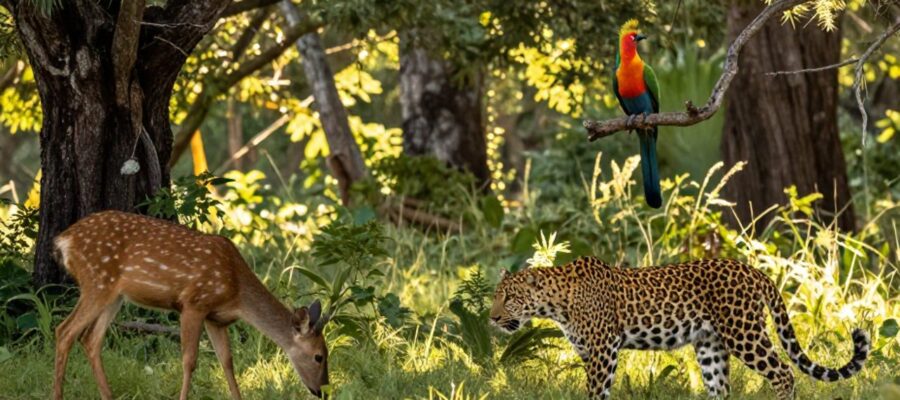 Un leopón en movimiento, un ciervo pastando y un ave tropical en un bosque iluminado por el sol para ejemplificar la interacción entre depredadores y herbívoros.