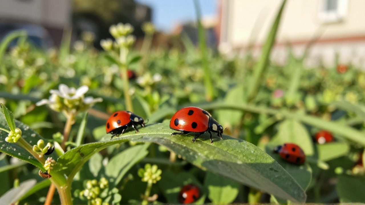 Varias mariquitas rojas con manchas negras caminan sobre una hoja verde en un jardín soleado.