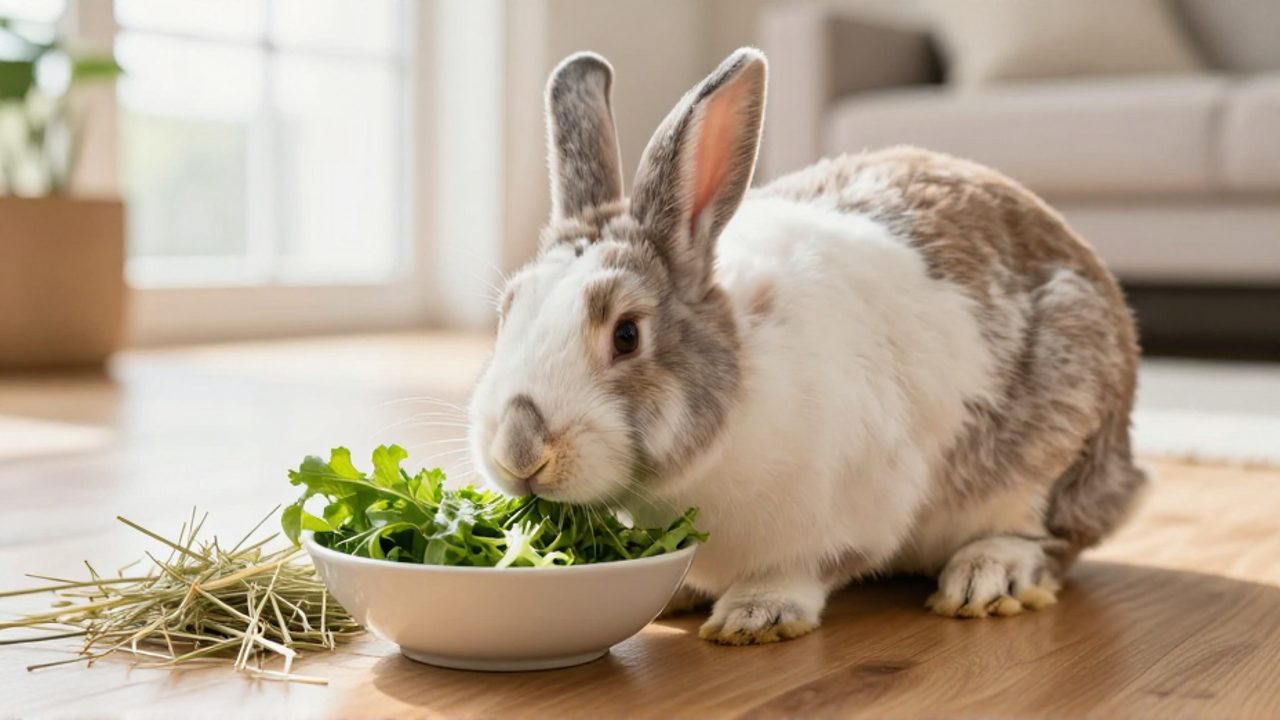 Conejo gigante continental comiendo verduras frescas de un cuenco junto a un montón de heno en un entorno doméstico luminoso.