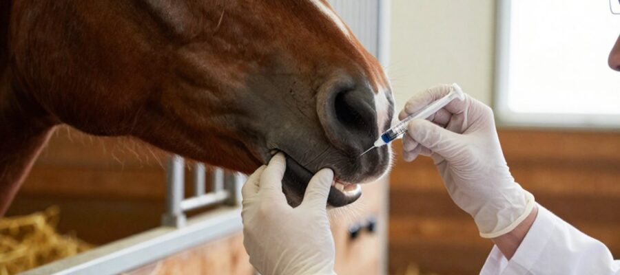 Un veterinario administra una pasta oral a un caballo mediante una jeringa en un entorno de establo luminoso.